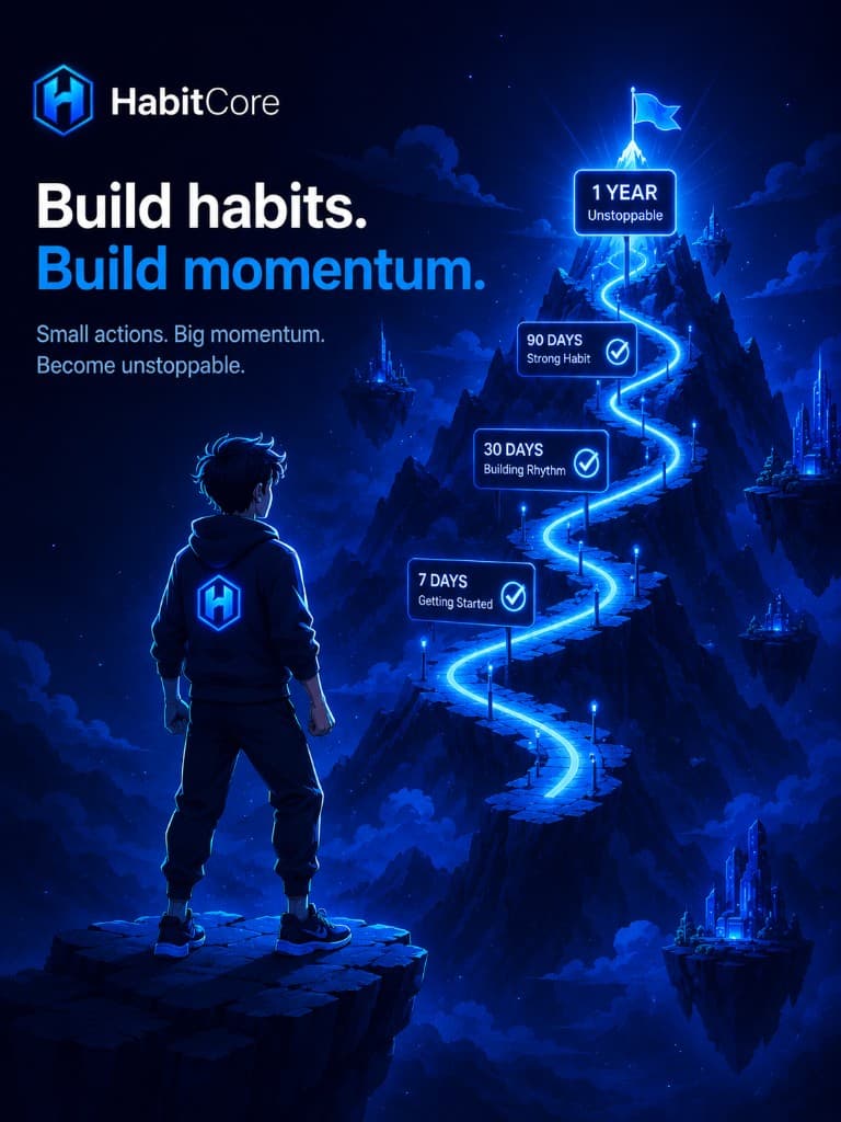 HabitCore — build habits, build momentum. A glowing path up a mountain with milestone markers.